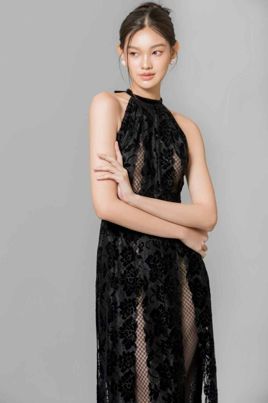 Denver Halter Sleeveless Lace Ankle Length Dress