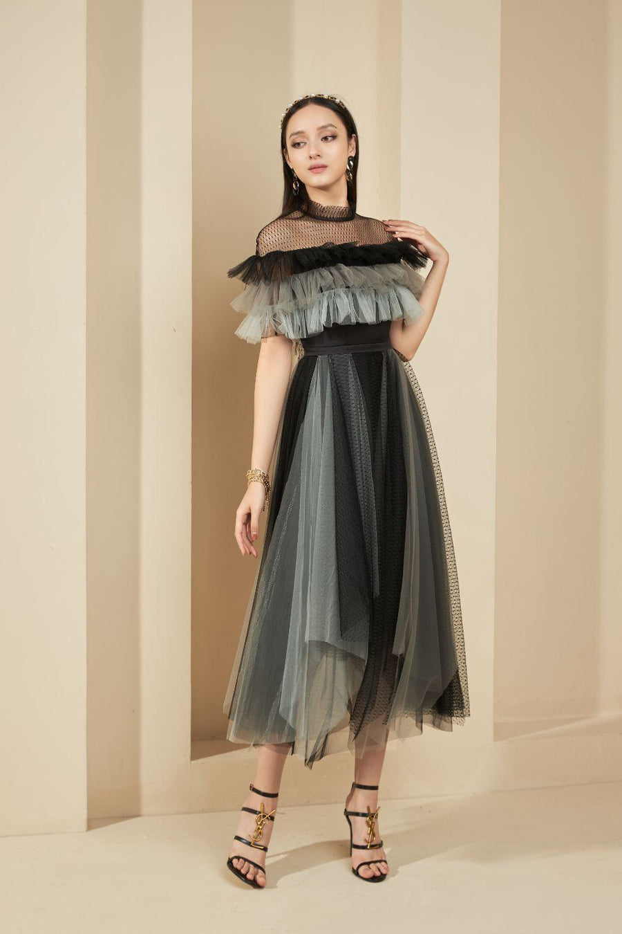 Dermot Layered Ruffle Sleeved Mesh Sheer Midi Dress 10