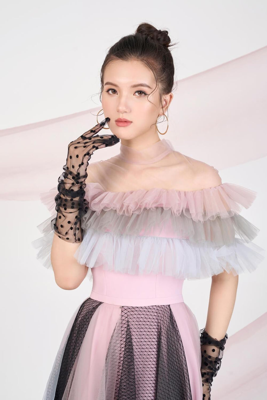 Dermot Layered Ruffle Sleeved Mesh Sheer Midi Dress 2