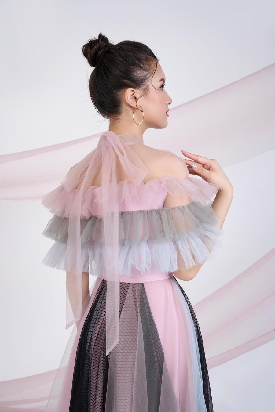 Dermot Layered Ruffle Sleeved Mesh Sheer Midi Dress 3