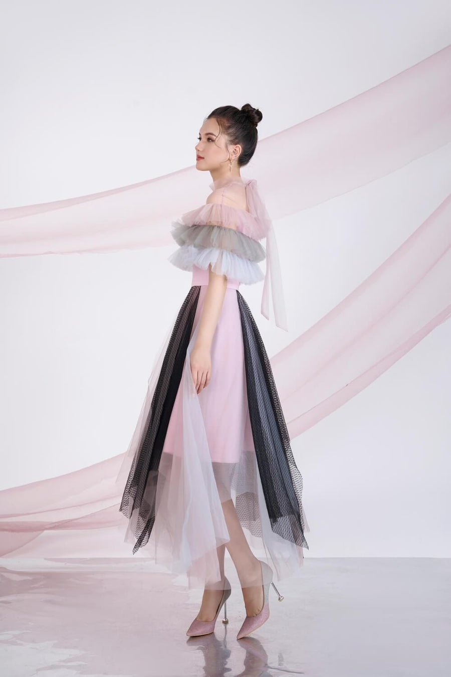 Dermot Layered Ruffle Sleeved Mesh Sheer Midi Dress 4