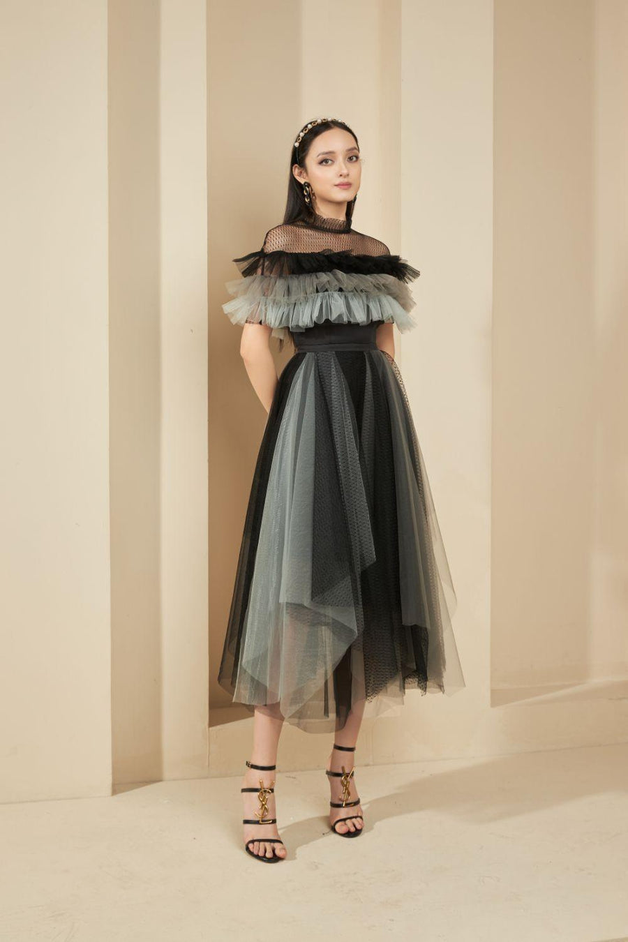 Dermot Layered Ruffle Sleeved Mesh Sheer Midi Dress 5