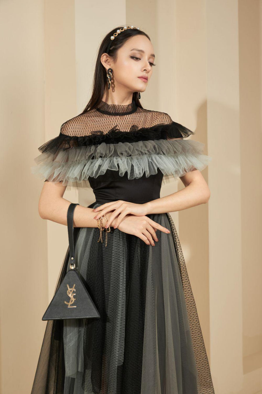 Dermot Layered Ruffle Sleeved Mesh Sheer Midi Dress 6