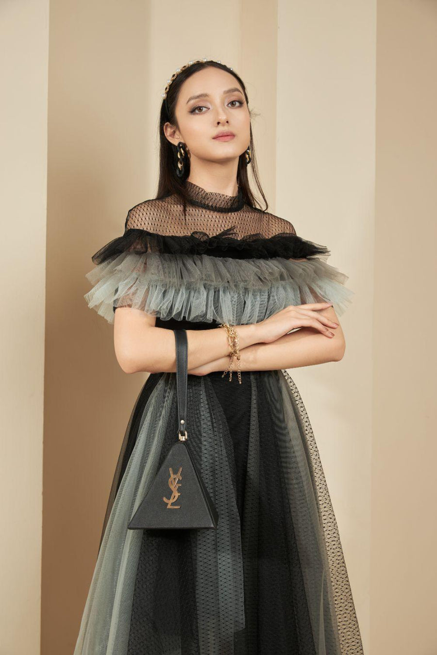Dermot Layered Ruffle Sleeved Mesh Sheer Midi Dress 7