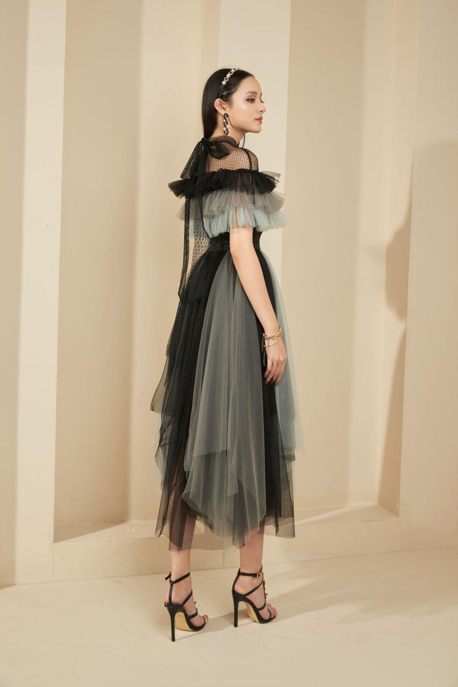 Dermot Layered Ruffle Sleeved Mesh Sheer Midi Dress 8