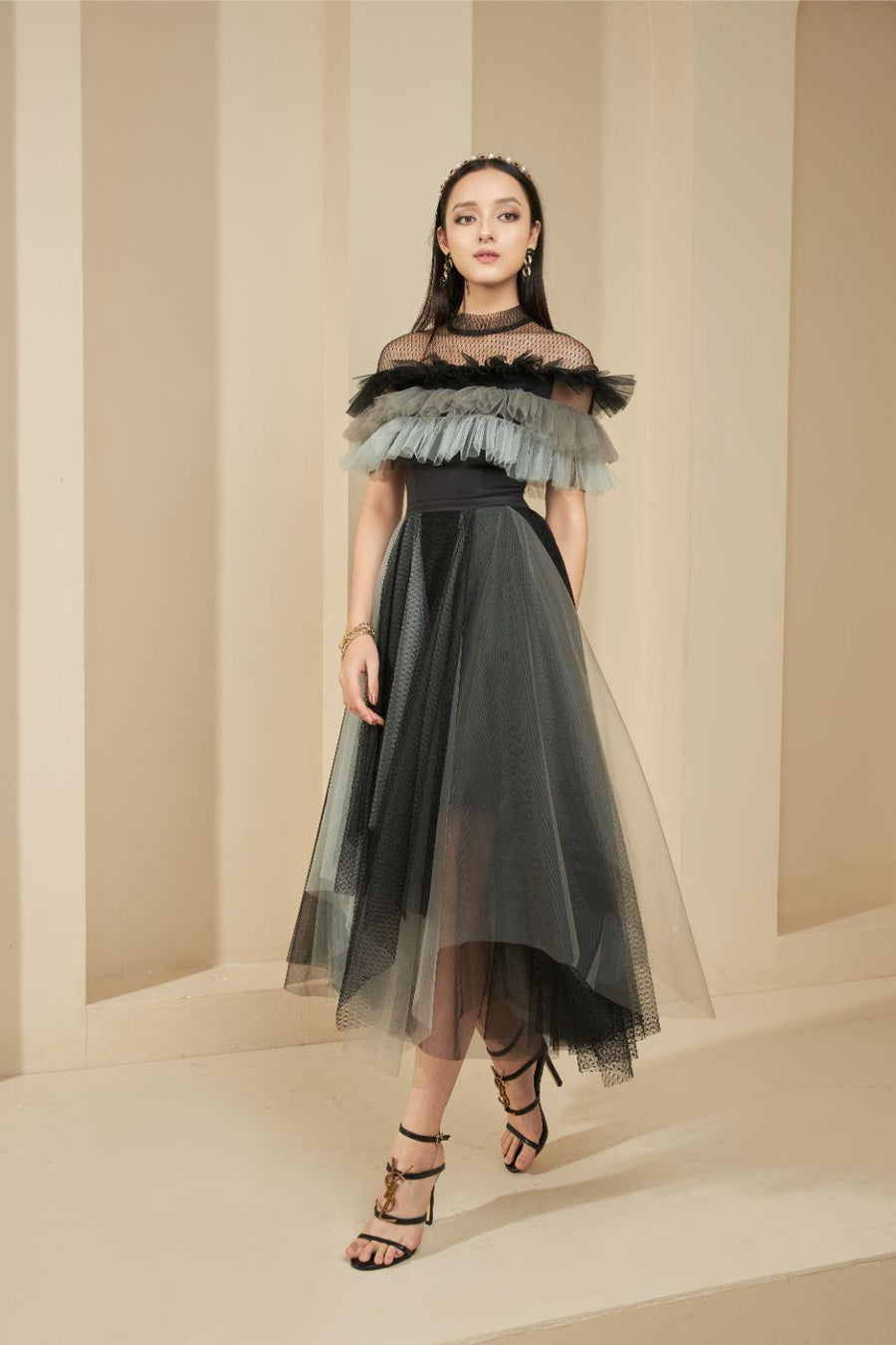 Dermot Layered Ruffle Sleeved Mesh Sheer Midi Dress 9