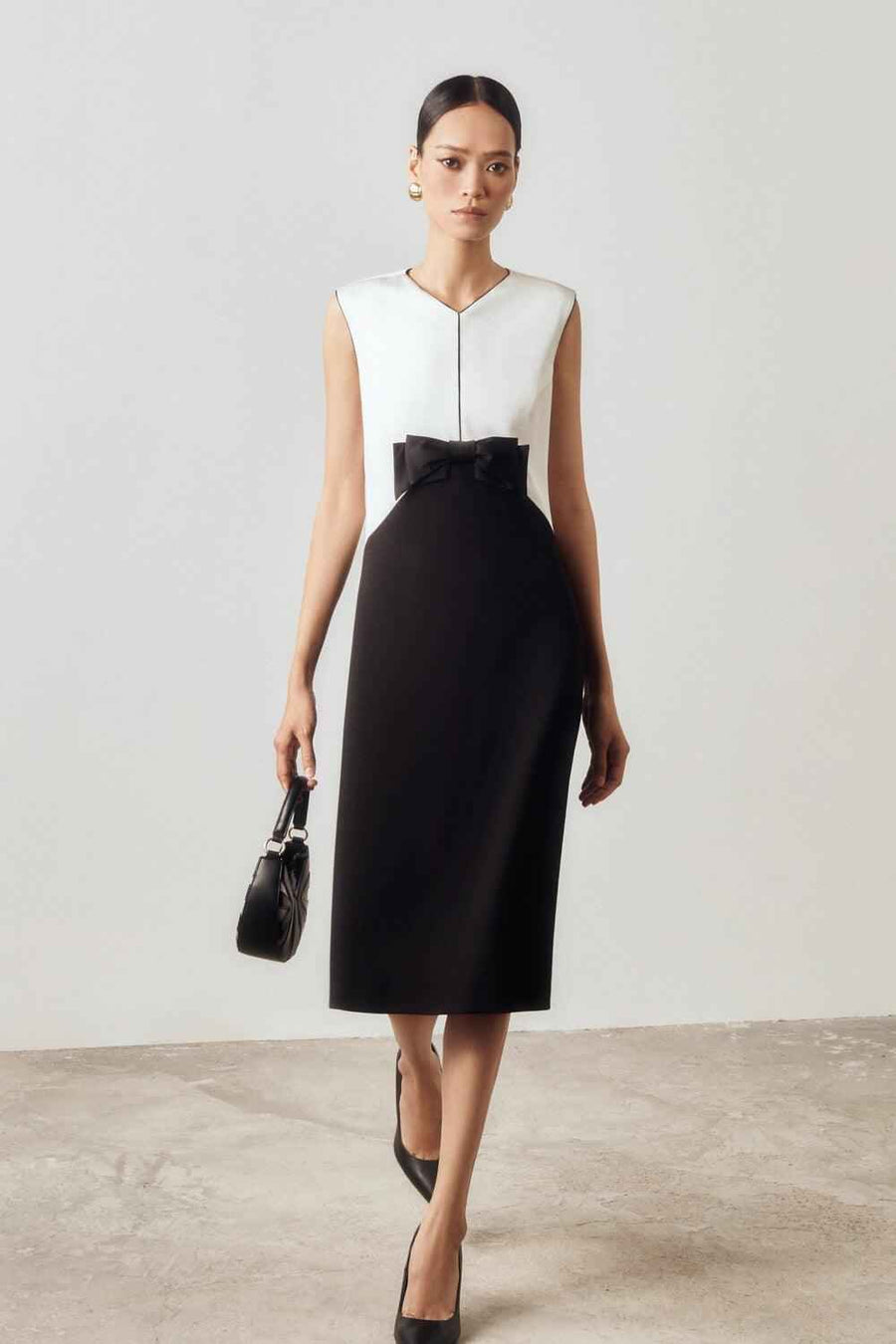 Devi Straight V-Neck Poly Silk Midi Dress