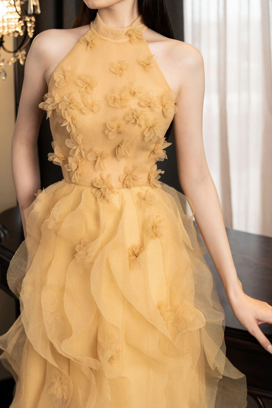 Devon Halter Ruffled Mesh Sheer Midi Dress 2