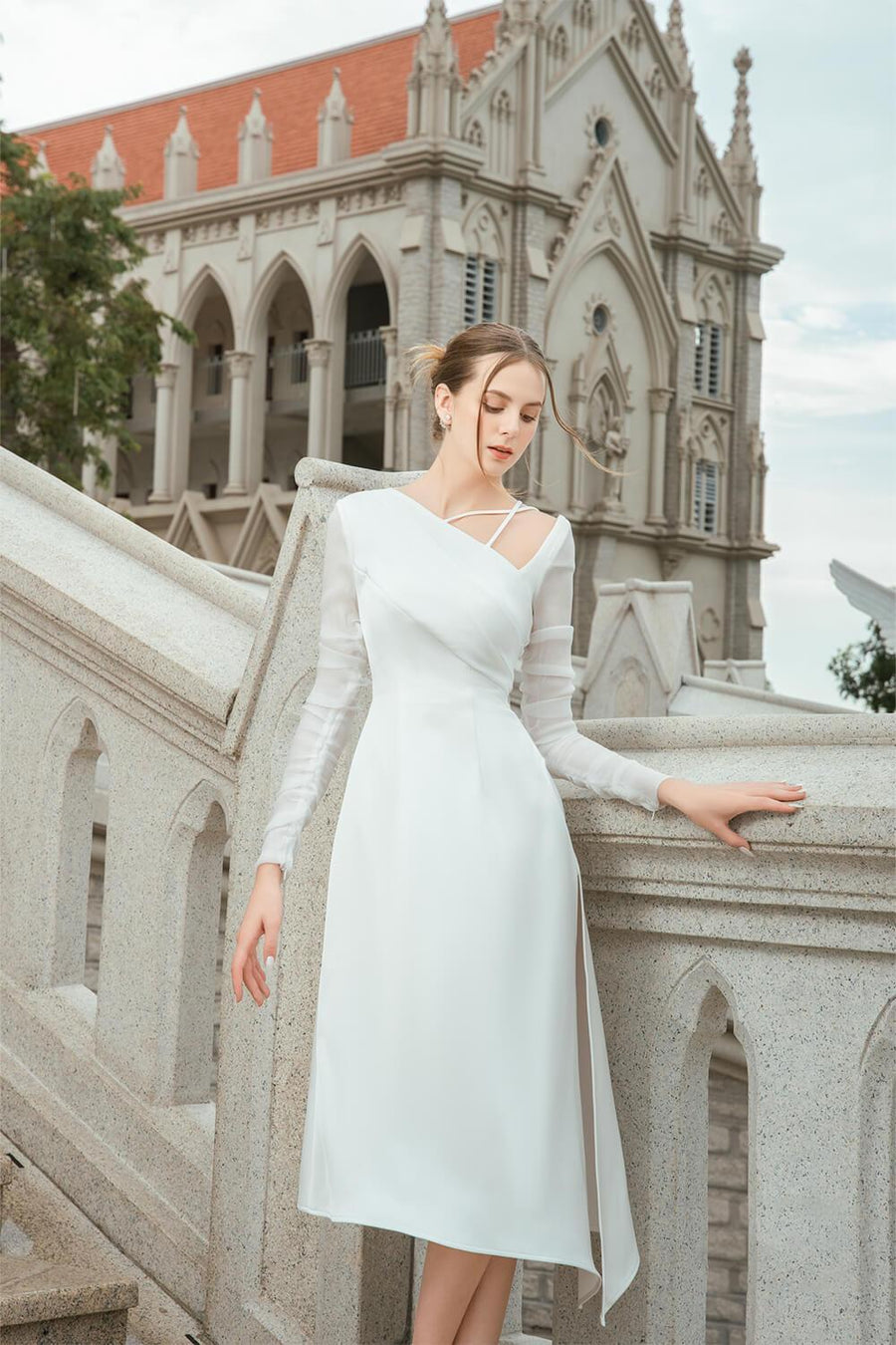 Dhotra Asymmetric Side Slit Chanel Midi Dress White Midi Dress Darling Diva