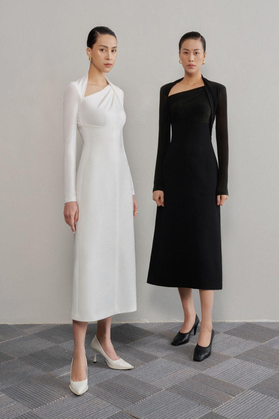Diamond A-line Asymmetric Neck Crinkle Crepe Midi Dress Midi Dress Eegen Studio