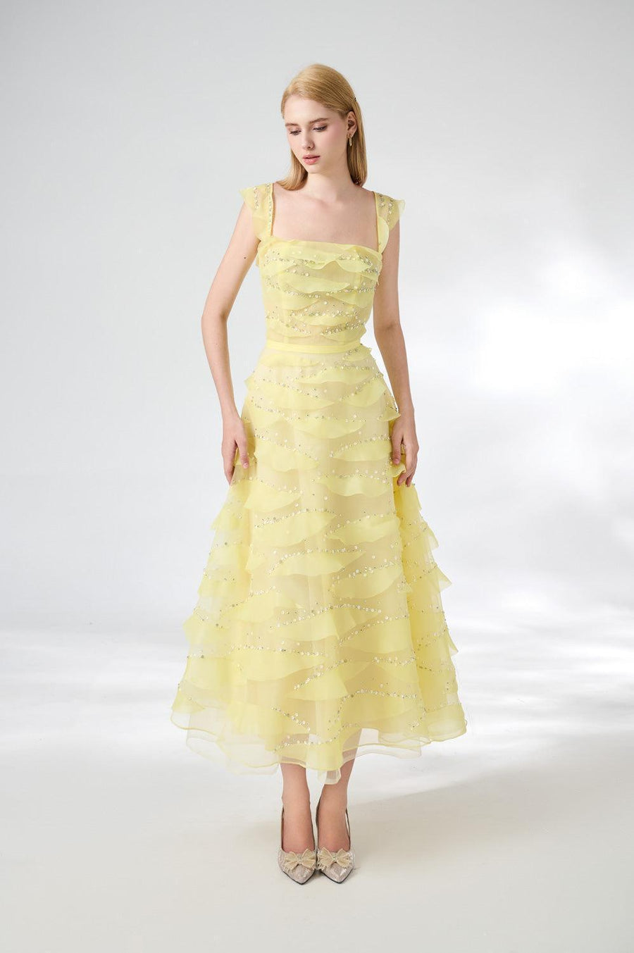 Dillon Fit and Flare Square Neck Organza Midi Dress 4