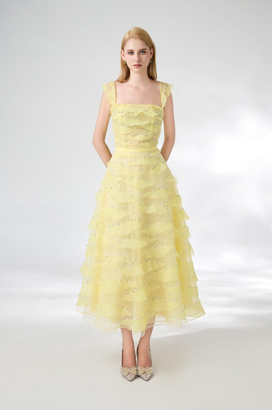 Dillon Fit and Flare Square Neck Organza Midi Dress 5