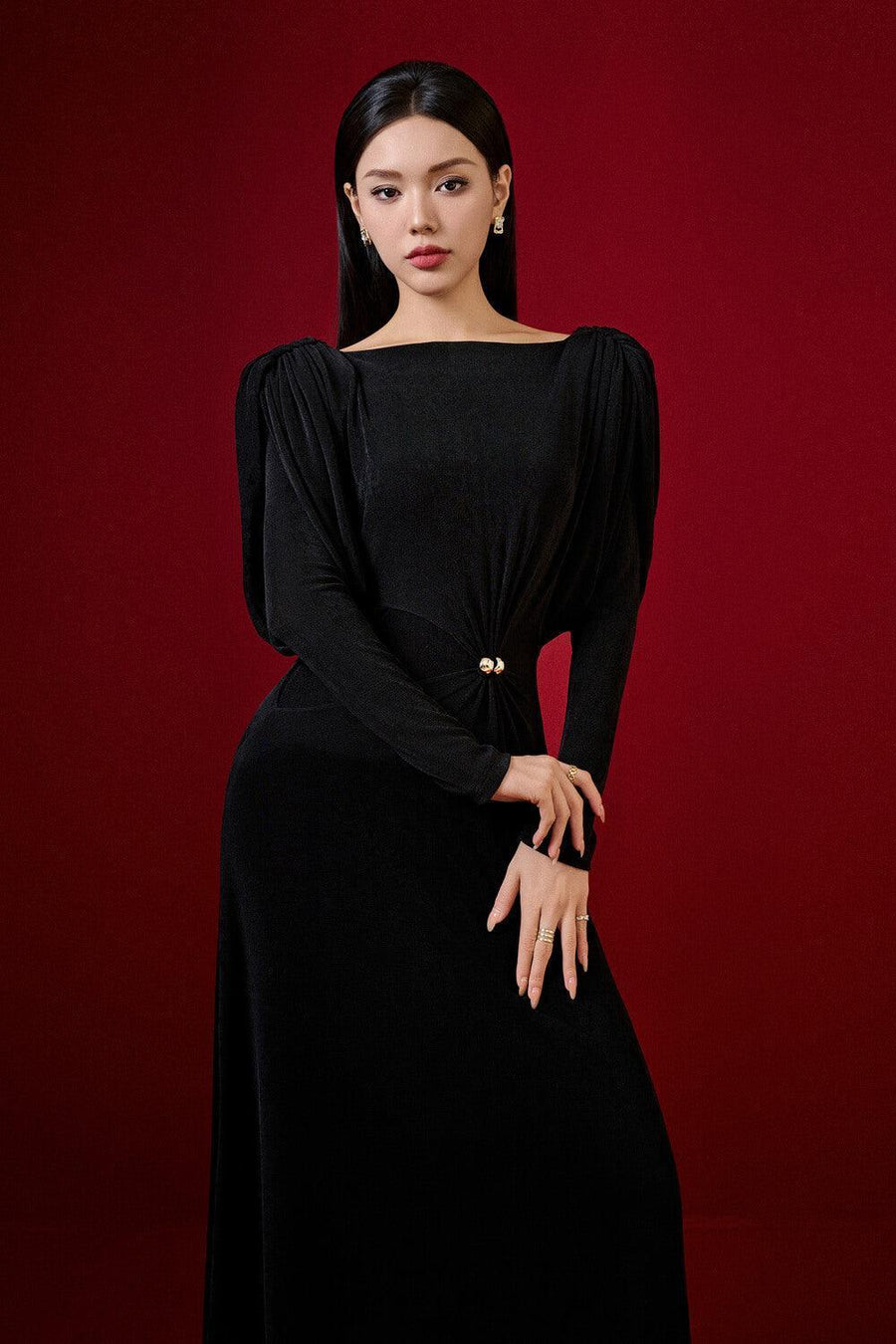 Diva Straight Boat Neck Knitted Fabric Maxi Dress Black Maxi Dress Eegen Studio