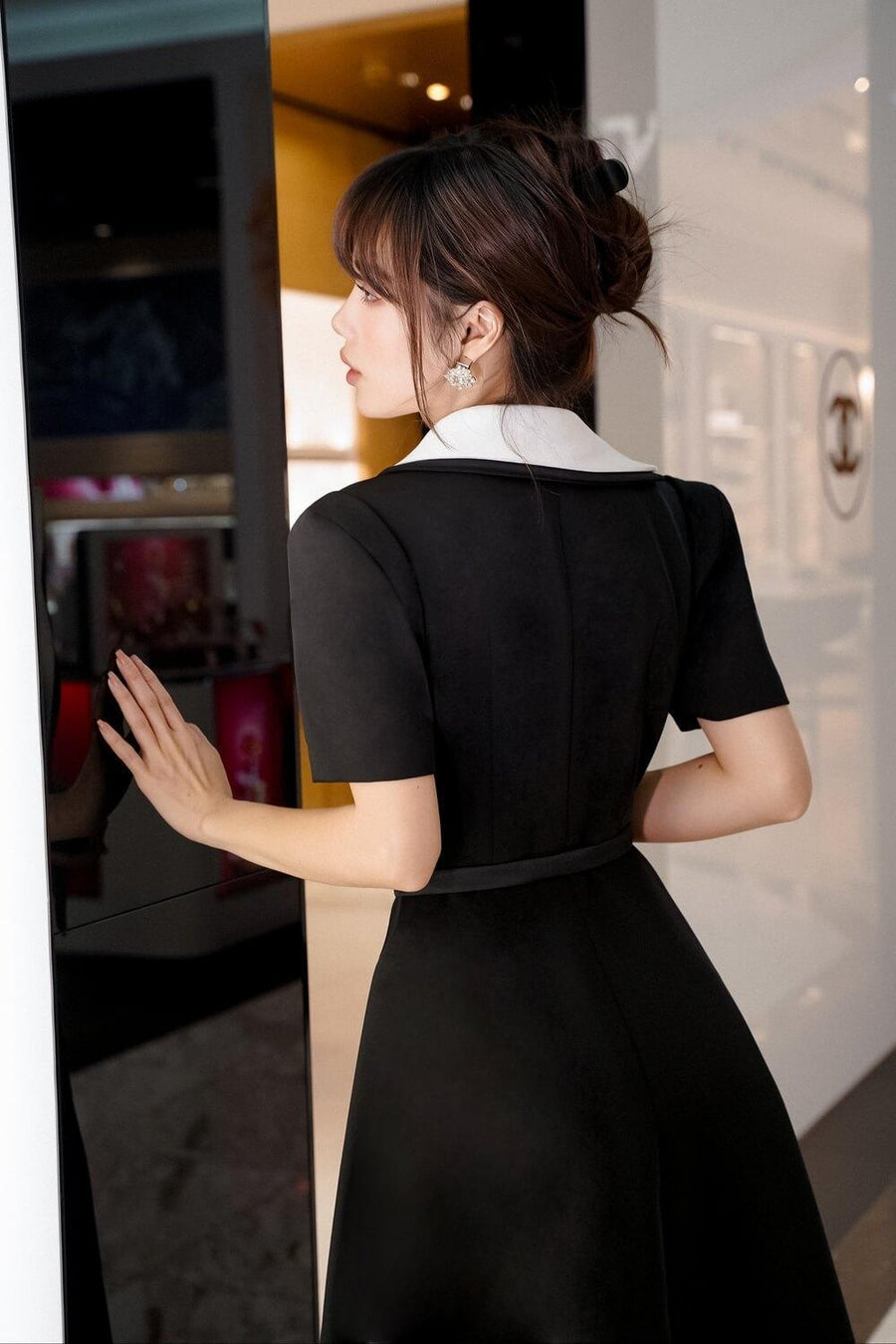 Donna Fit and Flare Short Sleeved Cotton Spandex Below The Knee Dress Midi Dress Larmes