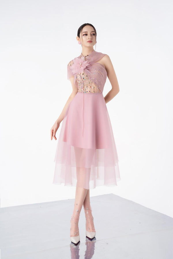 Dormer Asymmetric See-Through Organza Midi Dress