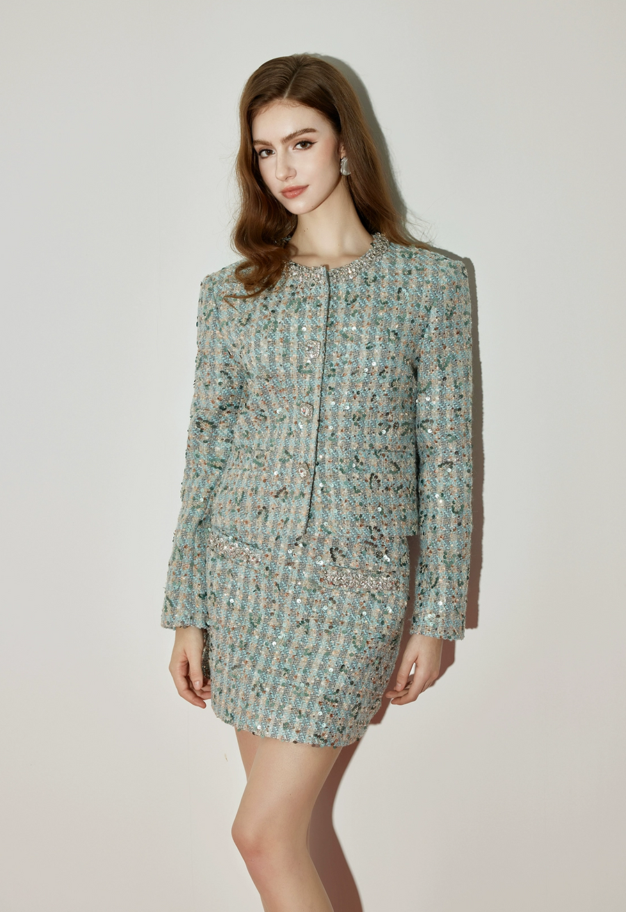 Patricia Exquisite Nail Bead Diamond Buckle Small Fragrant Half Skirt Set Coarse Floral Coat Set RESSALINA