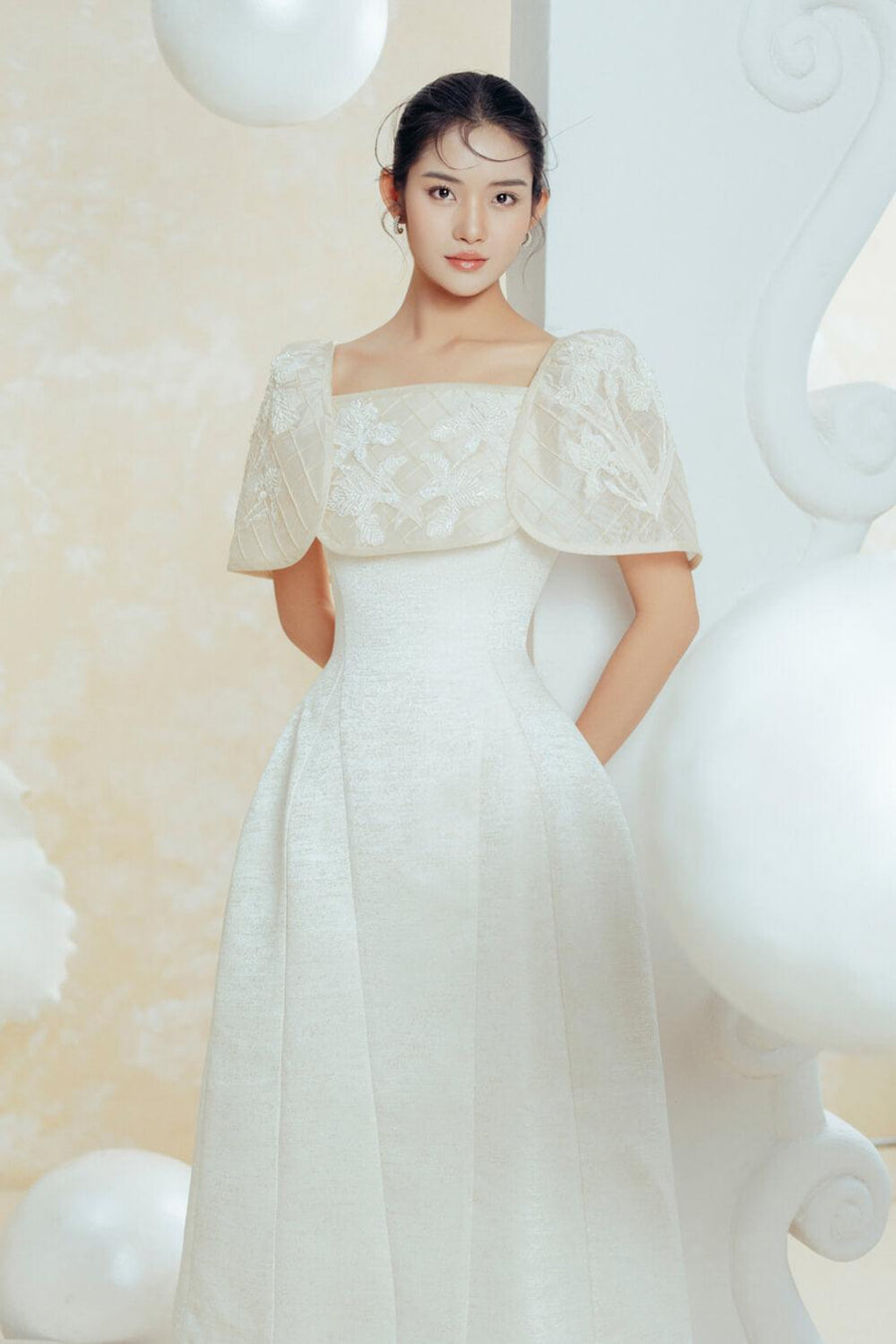 Dream A-line Cape Sleeved Taffeta Midi Dress Midi Dress IVY moda