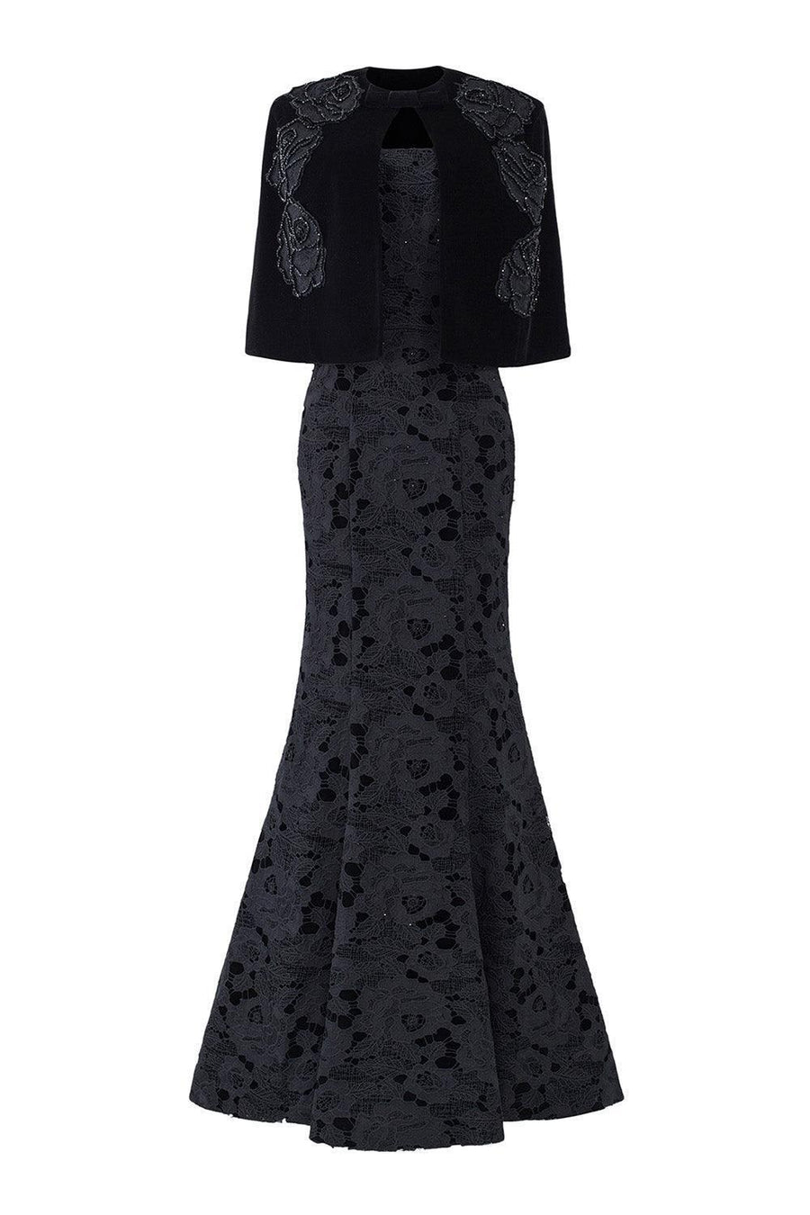 Dream Mermaid Cape Shoulder Velvet Floor Length Dress Black Gown Dress I.H.F Atelier