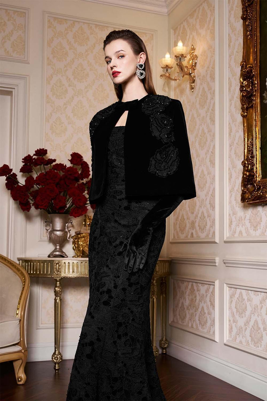 Dream Mermaid Cape Shoulder Velvet Floor Length Dress Gown Dress I.H.F Atelier