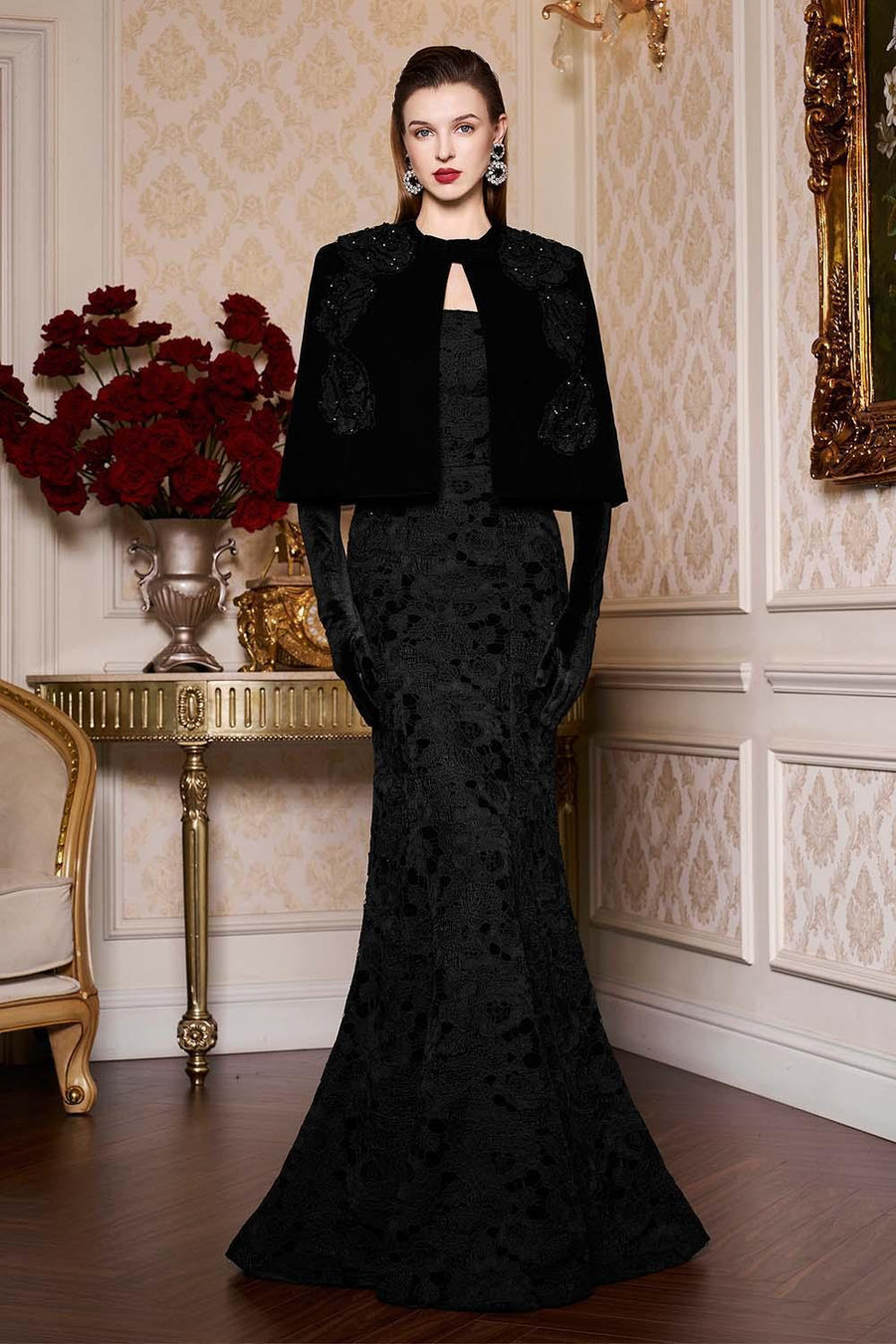Dream Mermaid Cape Shoulder Velvet Floor Length Dress Gown Dress I.H.F Atelier