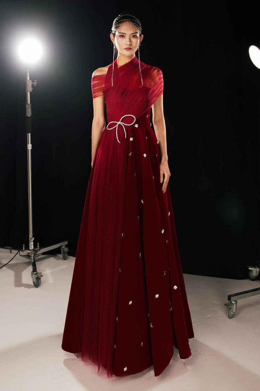 Duarte Fit and Flare Crossover Mesh Silk Floor Length Dress