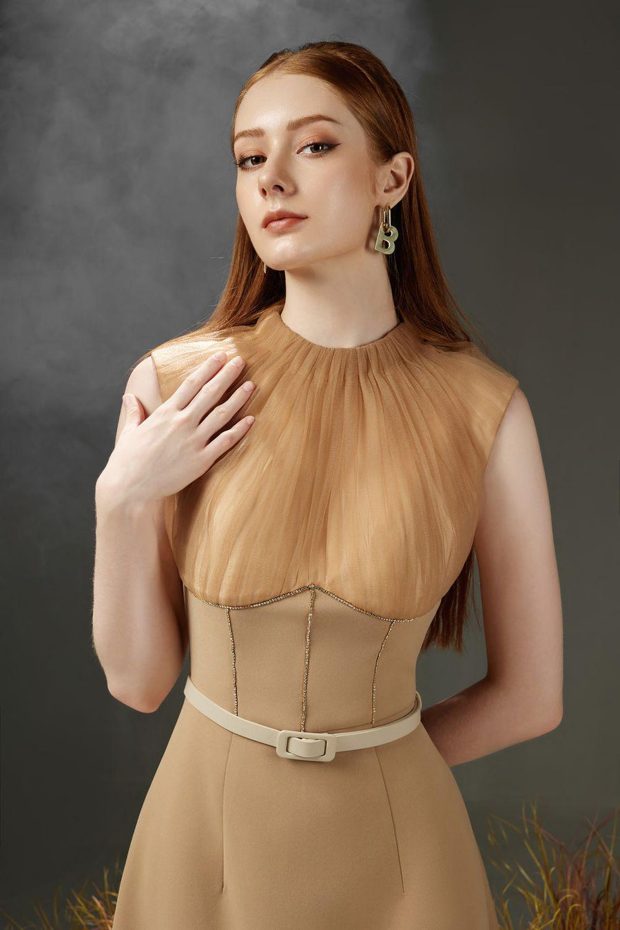 Dudley A-line Pleated Neck Organza Midi Dress 2