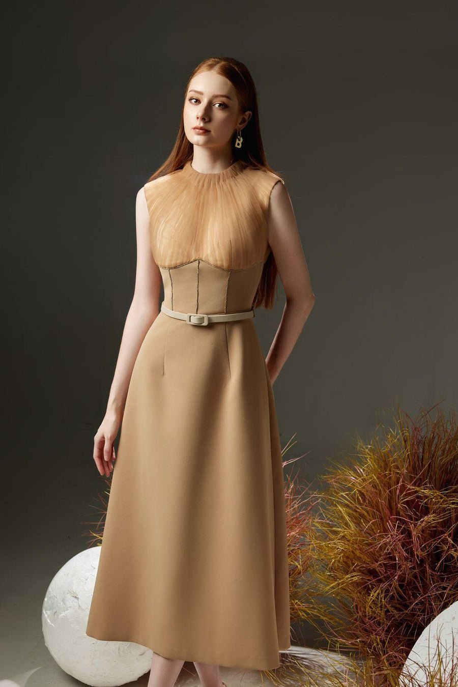 Dudley A-line Pleated Neck Organza Midi Dress 3