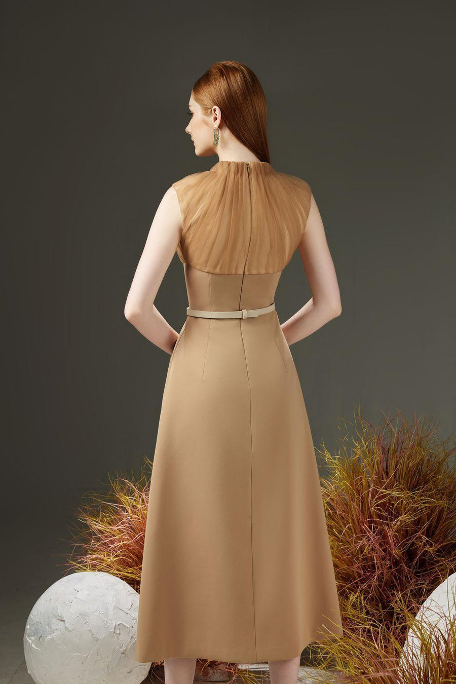 Dudley A-line Pleated Neck Organza Midi Dress 4