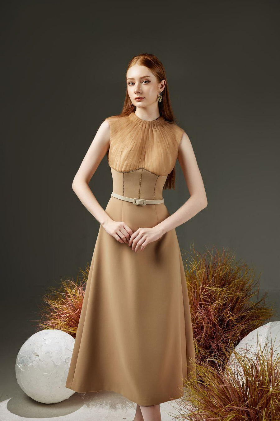 Dudley A-line Pleated Neck Organza Midi Dress 5