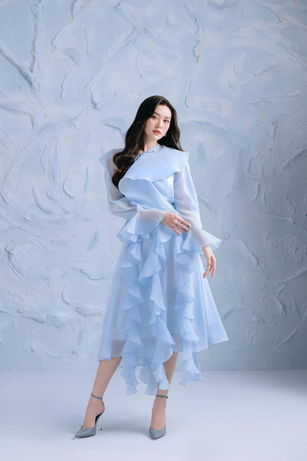 Dully Flared Ruffle Layer Organza Midi Dress