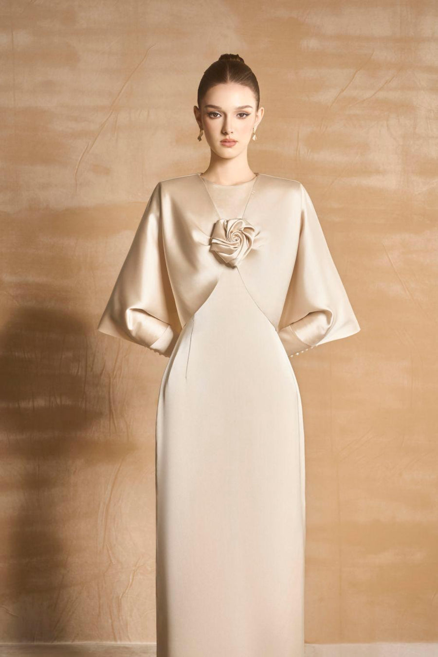 Earline Sheath Cape Sleeved Satin Floor Length Ao Dai 2