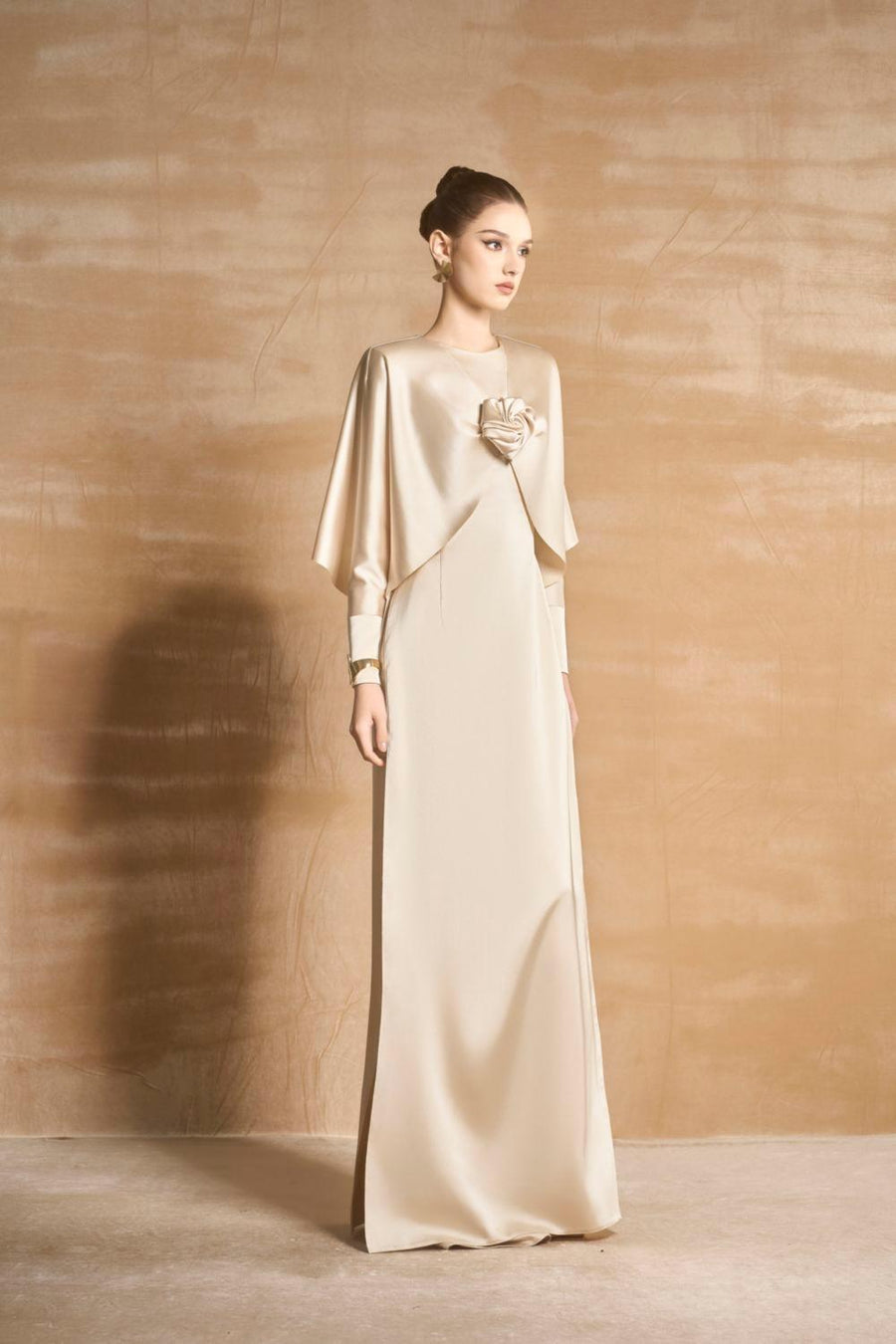 Earline Sheath Cape Sleeved Satin Floor Length Ao Dai 3
