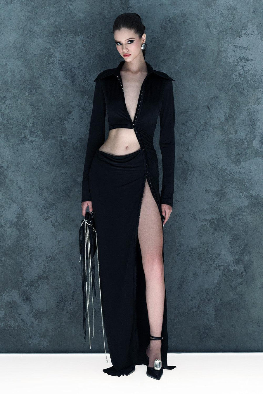 Ebony Slit V-Neck Elastic Spandex Floor Length Dress Maxi Dress CEM