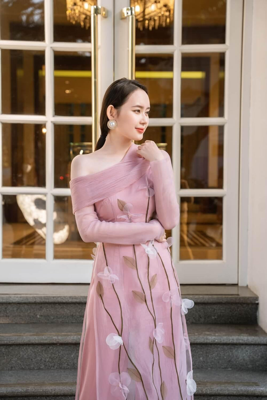 Eden Fitted One Shoulder Organza Long Length Ao Dai Set 2
