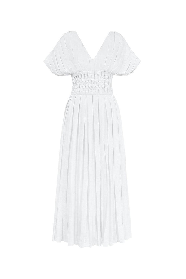 Eira Pleated V-Neck Linen Ankle Length Dress