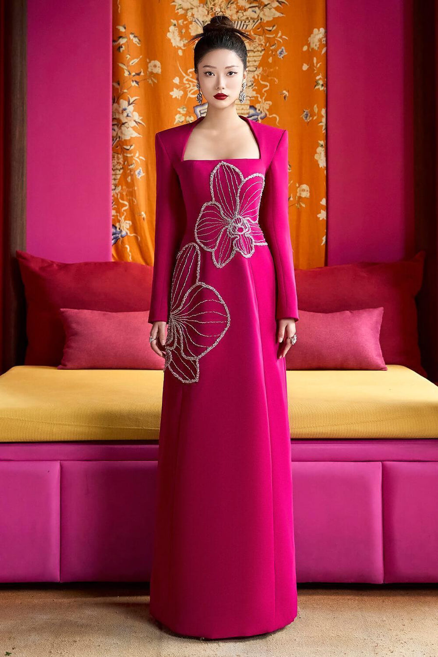 Elegyn A-line Queen Anne Neck Velvet Satin Maxi Dress 1