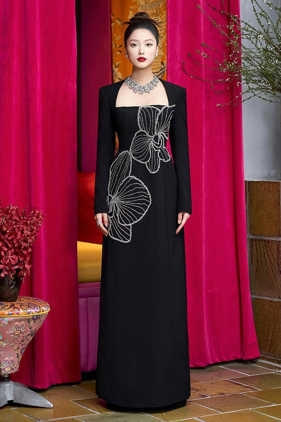 Elegyn A-line Queen Anne Neck Velvet Satin Maxi Dress 2
