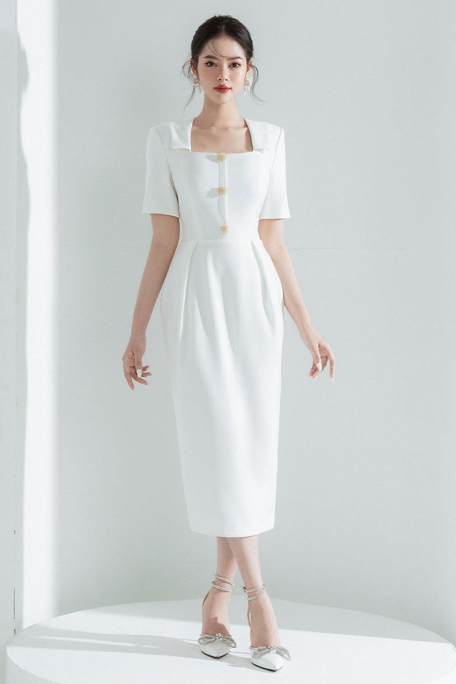 Elena Sheath Square Neck Polycotton Midi Dress Midi Dress Cordia