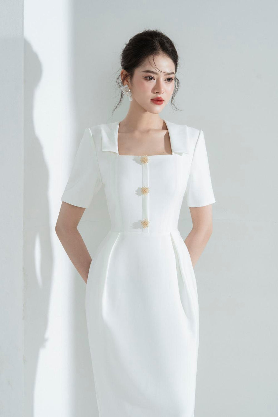 Elena Sheath Square Neck Polycotton Midi Dress Midi Dress Cordia