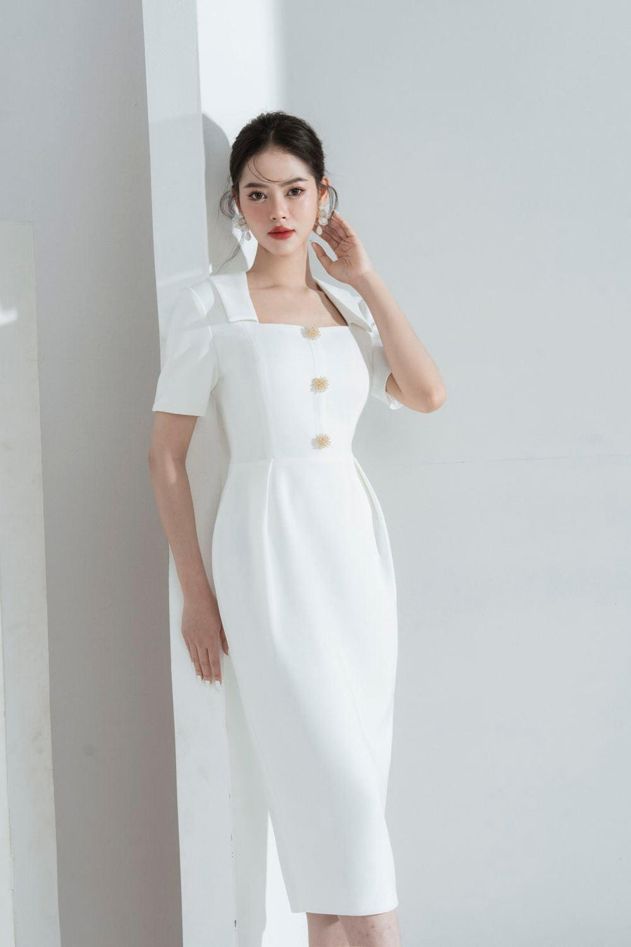 Elena Sheath Square Neck Polycotton Midi Dress White Midi Dress Cordia