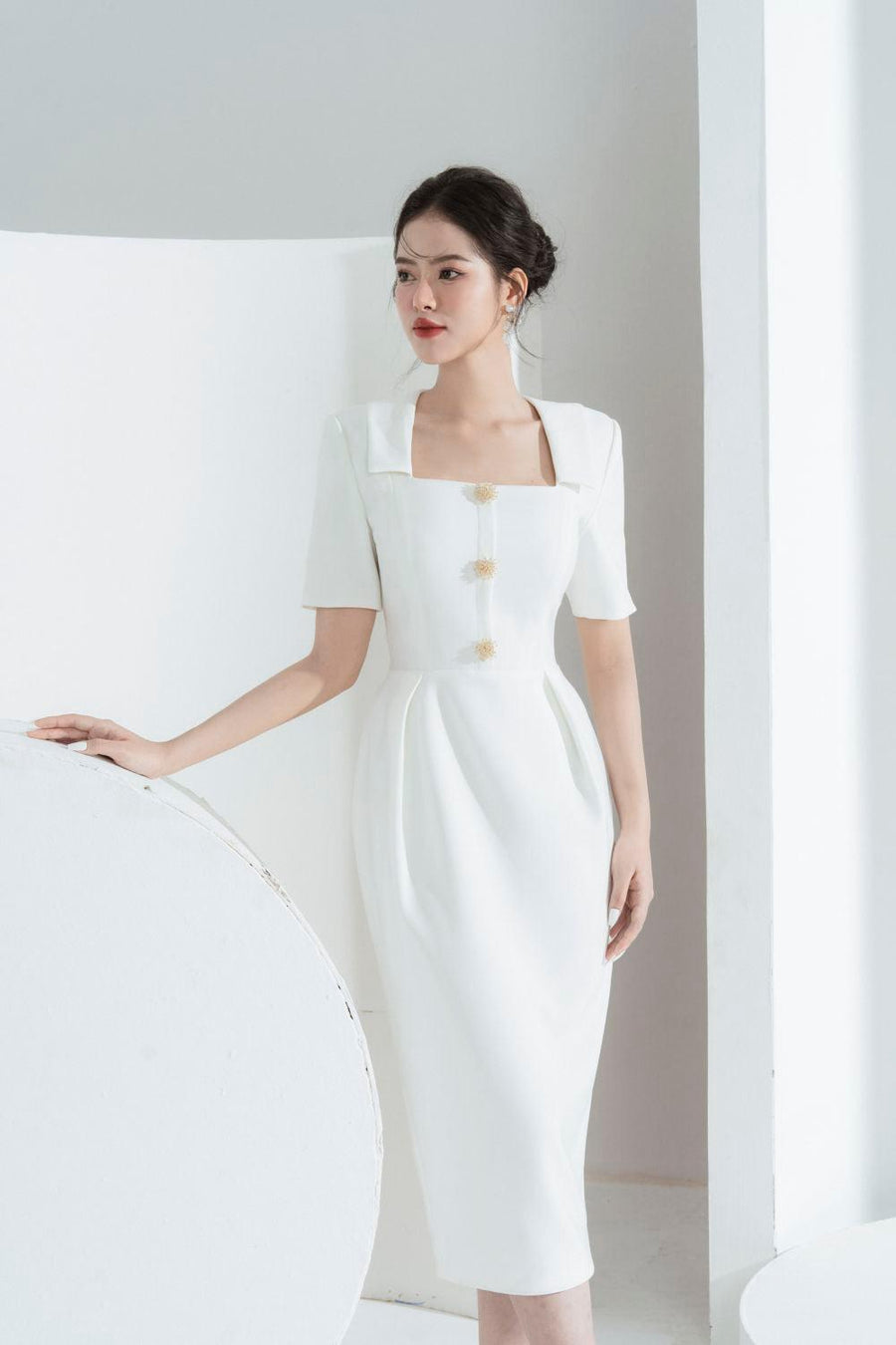 Elena Sheath Square Neck Polycotton Midi Dress Midi Dress Cordia