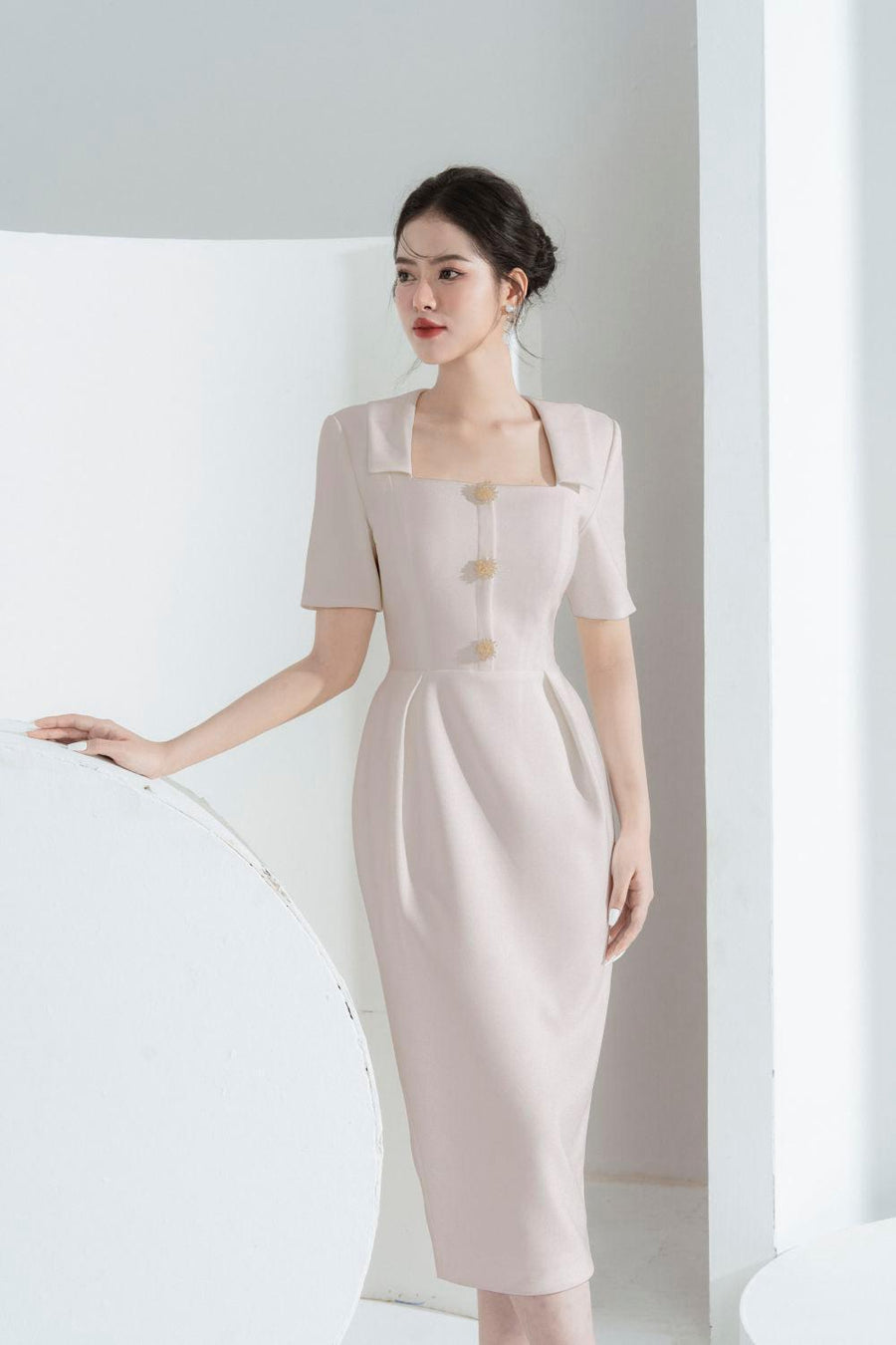 Elena Sheath Square Neck Polycotton Midi Dress Beige Midi Dress Cordia