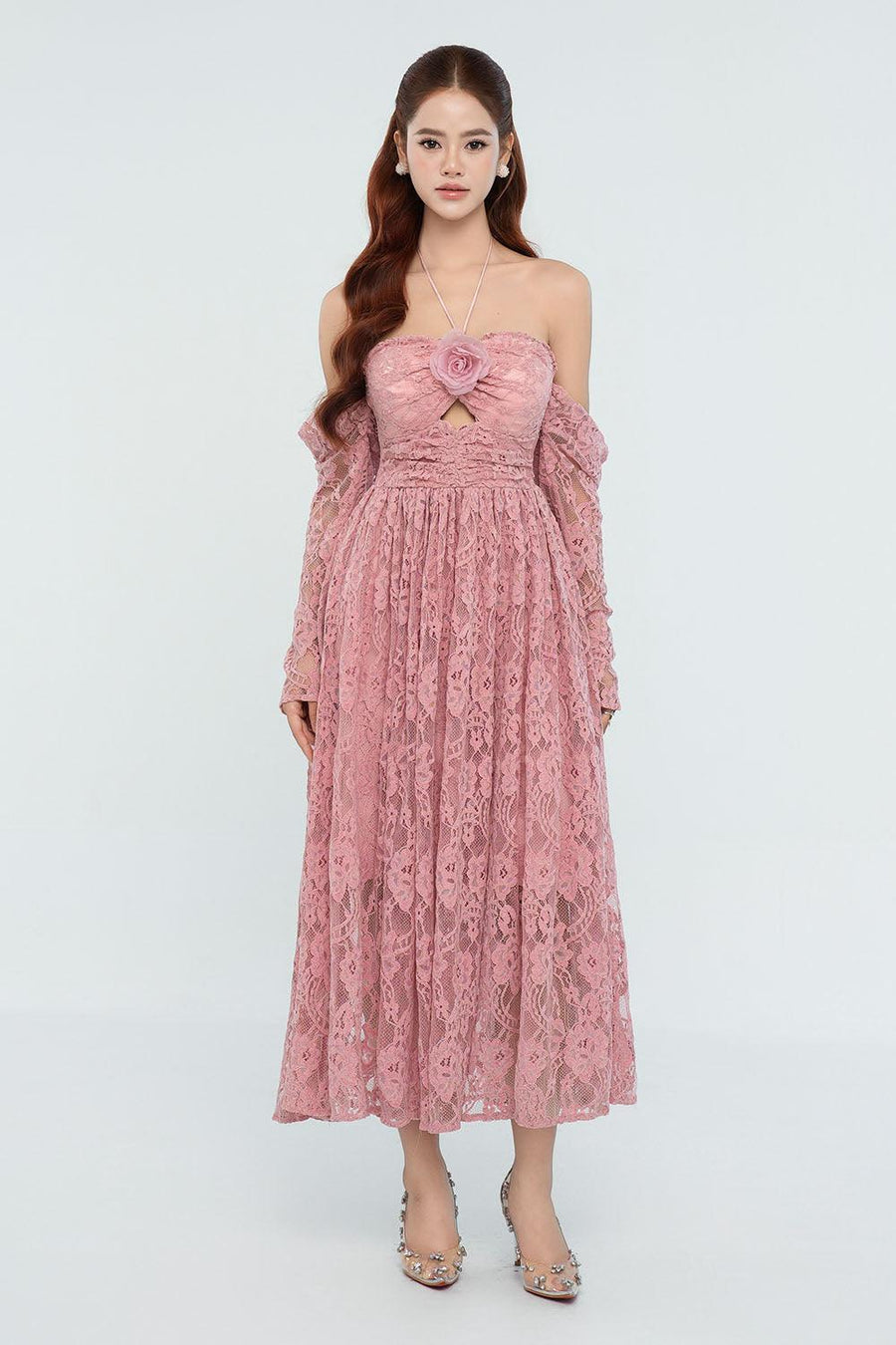 Eliana Halter Gathered Lace Midi Dress Midi Dress Cordia