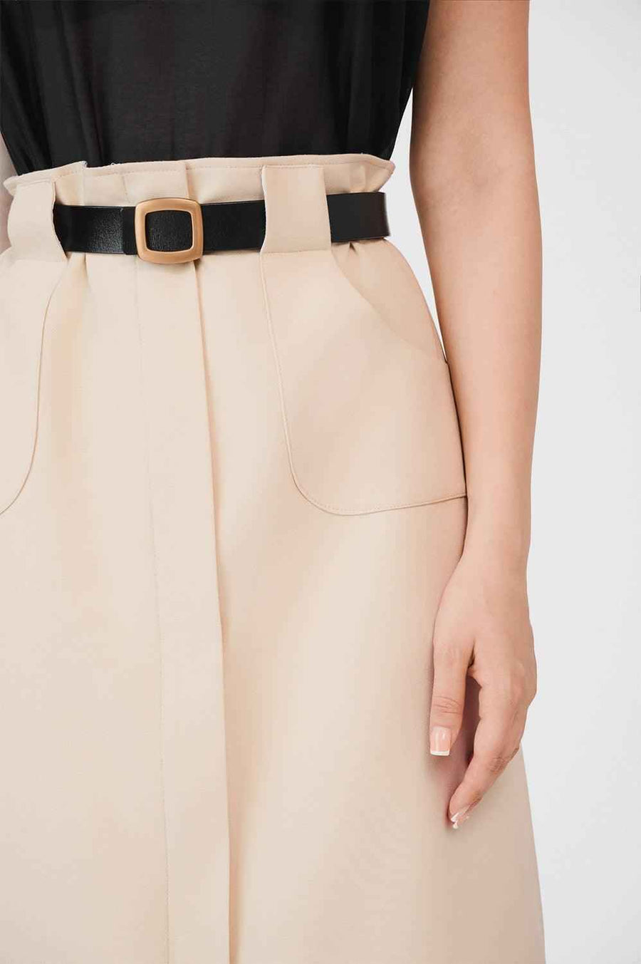 Elisa A-line Patch Pocket Khaki Calf Length Skirt