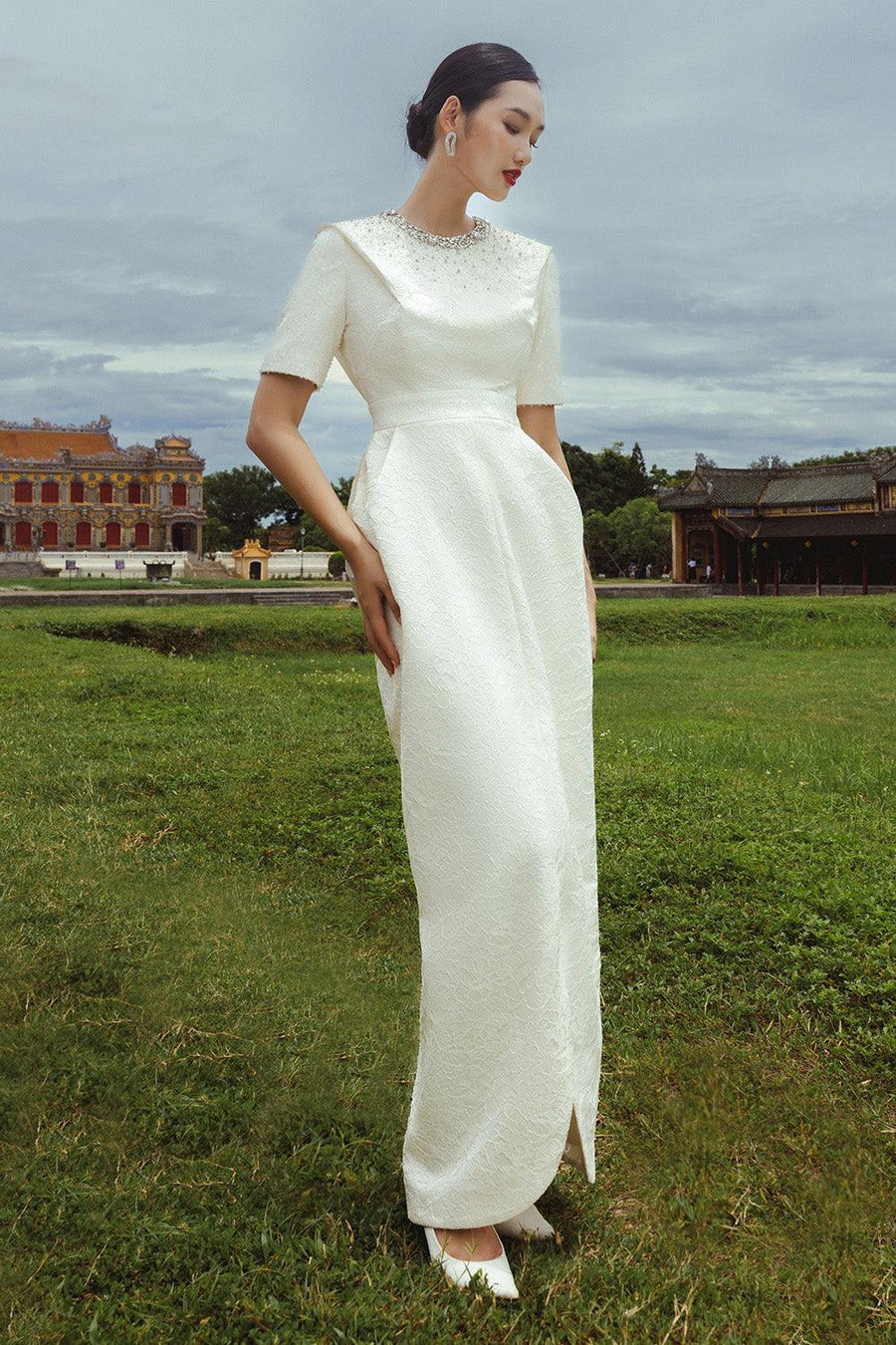 Elite Pegged Front Slit Jacquard Floor Length Dress Gown Dress CHANCOS