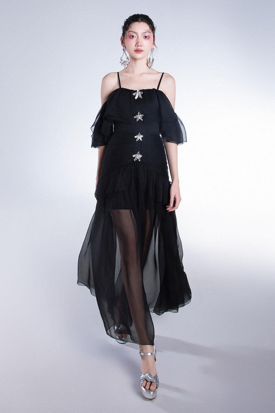 Elizany Gathered Cold Shoulder Sleeved Organza Voile Ankle Length Dress 1