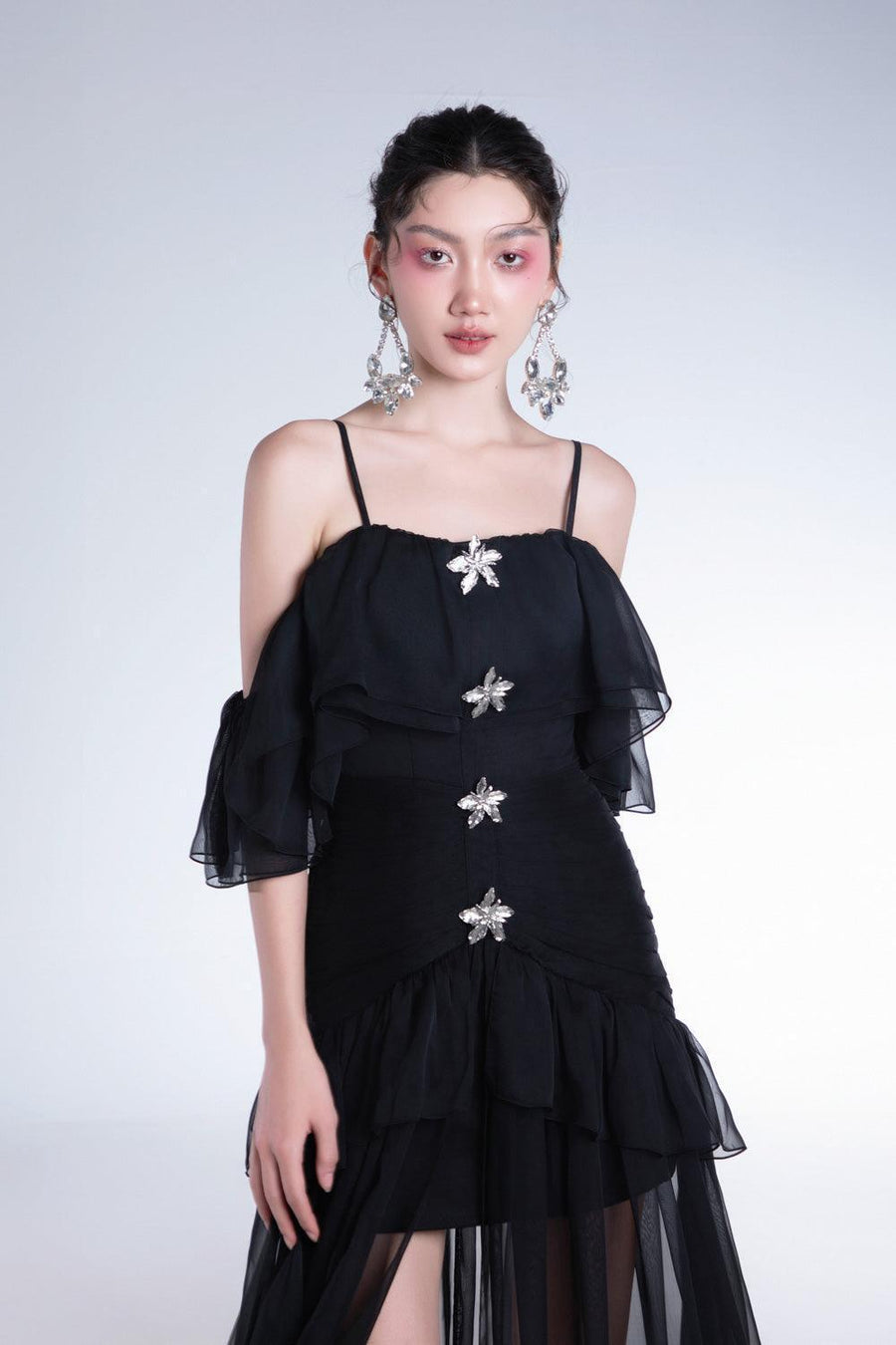 Elizany Gathered Cold Shoulder Sleeved Organza Voile Ankle Length Dress 2