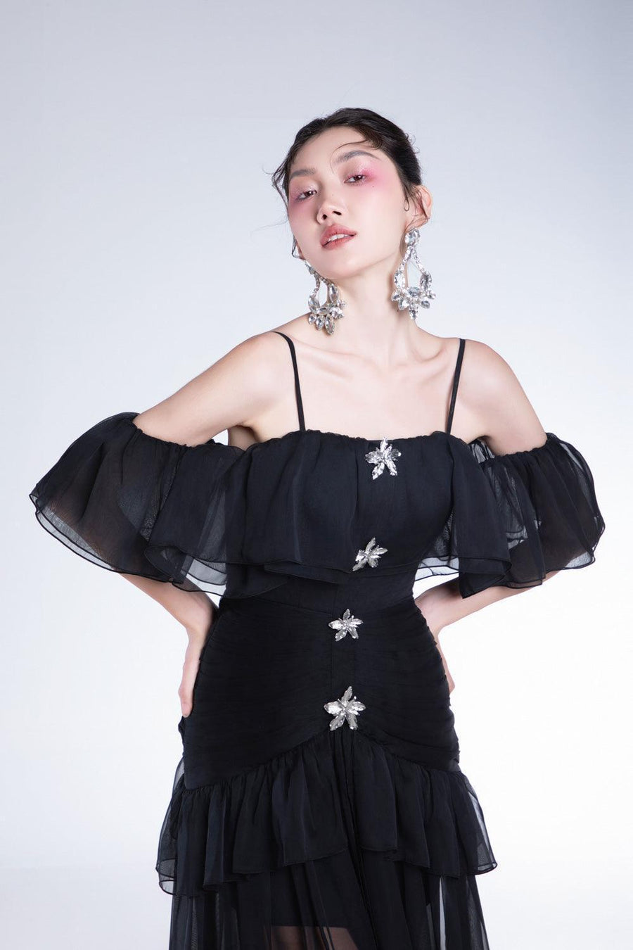 Elizany Gathered Cold Shoulder Sleeved Organza Voile Ankle Length Dress 3