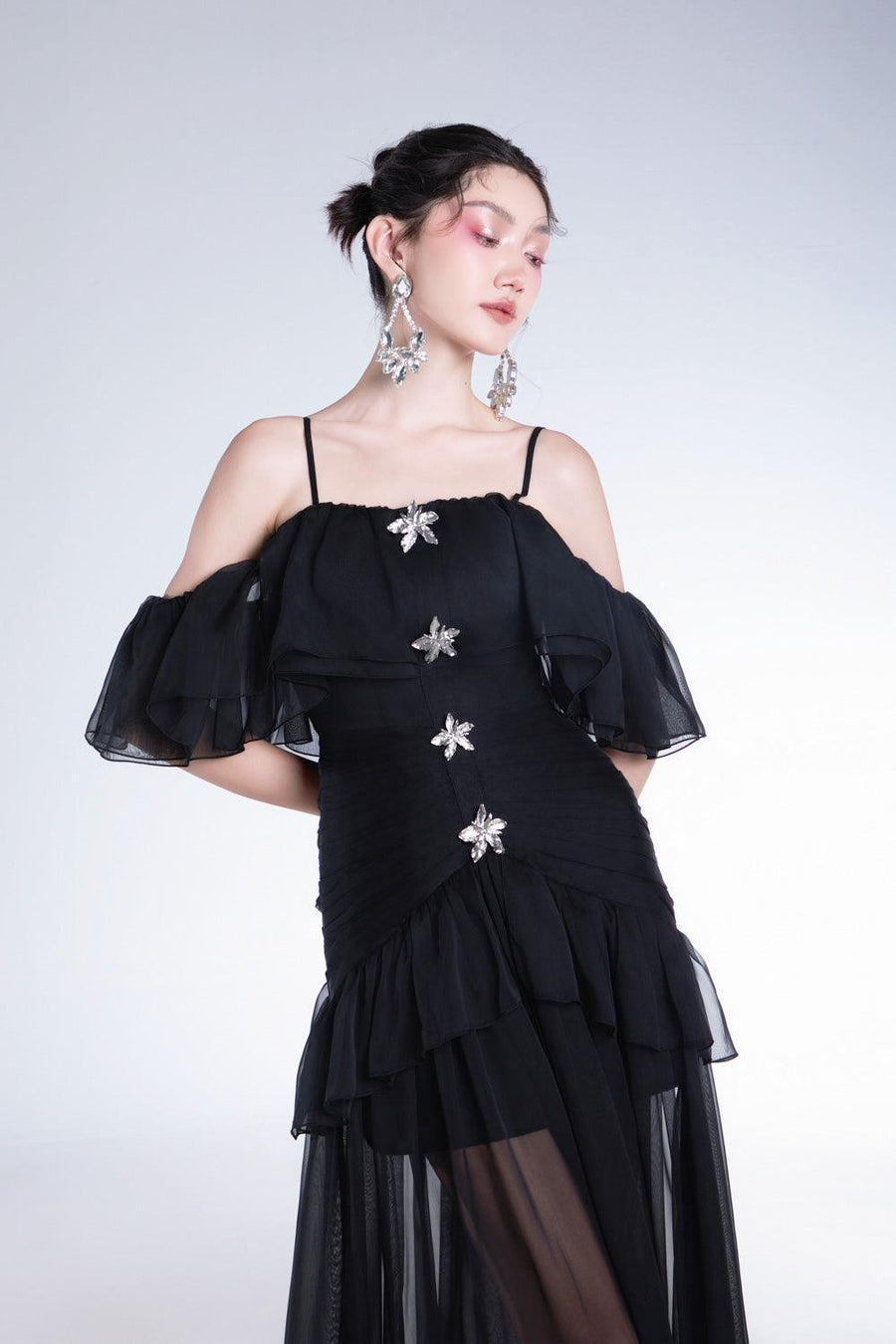 Elizany Gathered Cold Shoulder Sleeved Organza Voile Ankle Length Dress 4