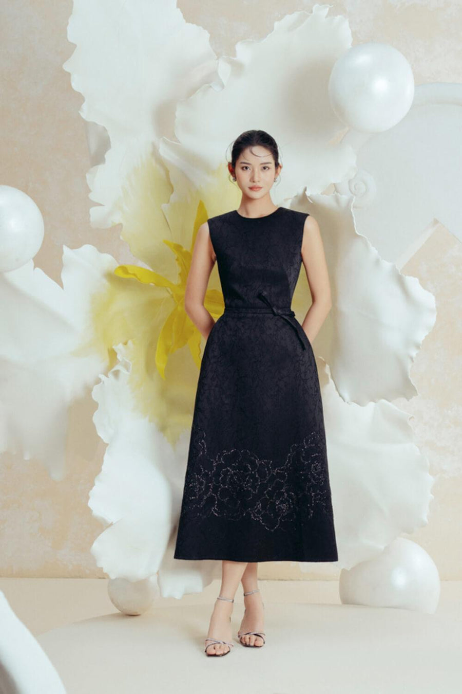 Ellen A-line Sleeveless Brocade Midi Dress Midi Dress IVY moda